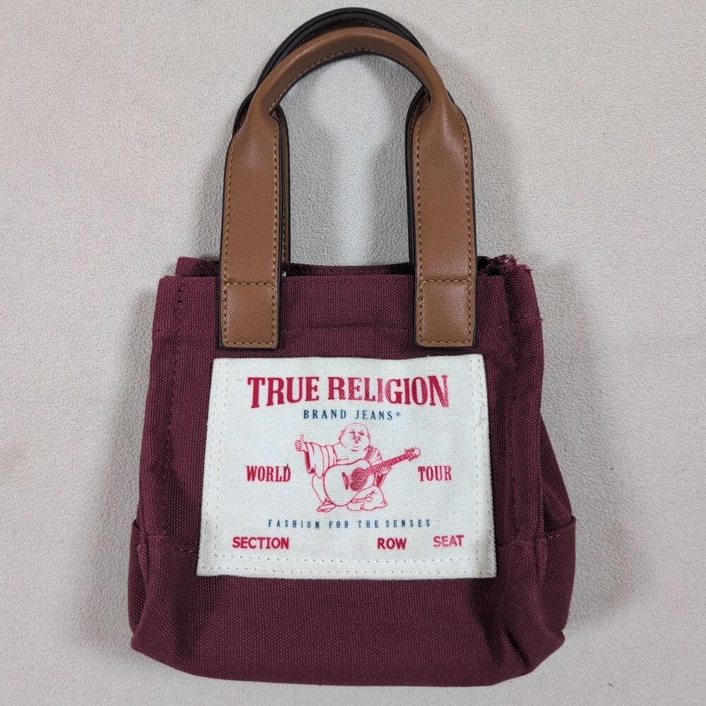 True Religion Mini Tote Bag Maroon Red Logo Front Patch No Shoulder Strap